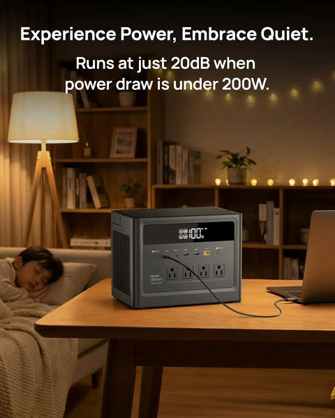 Go To 1000W Solar Generator With 2000W Peak, 576Wh LiFePO4 Battery Portable Power Station on table beside sleeping child