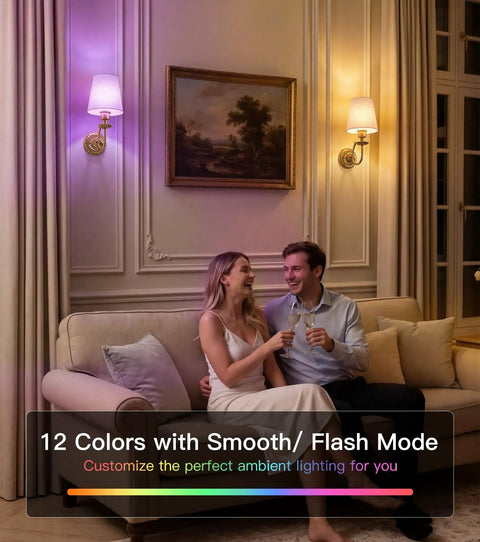 Cozy living room scene with Wireless Wall Sconces Set Of Two With 5300mAh Battery And Remote Control Fifteen Dimmable Colors.