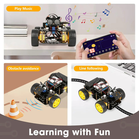 ESP32 Powered Smart Robot Car Kit For Kids And Teens Ages 8 To 16 Arduino And Scratch Compatible App Controlled STEM Coding Toy Hands On Robotics Learning With 16 Story Tutorials A Totally Cool STEM Gift. App-controlled robot car with music, obstacle avoidance, and line following