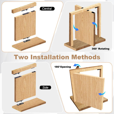 Two installation methods for Heavy Hitter Hidden Door Pivot Hinge With Slick 360 Degree Rotation And Rock Solid Stainless Steel Hardware Kit.