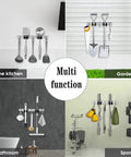 Collage of Two Racks And Three Hooks Broom And Mop Holder Wall Mounted Garage Organizer in various settings