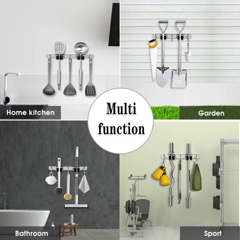 Collage of Two Racks And Three Hooks Broom And Mop Holder Wall Mounted Garage Organizer in various settings