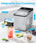 Top Tier Countertop Ice Maker Chilling Drinks On The Fly With Dual Size Bullet Ice Producing Over Twenty Six Pounds Daily Featuring Fast Six Minute Release And No Sweat Self Cleaning Care on kitchen countertop with drinks.