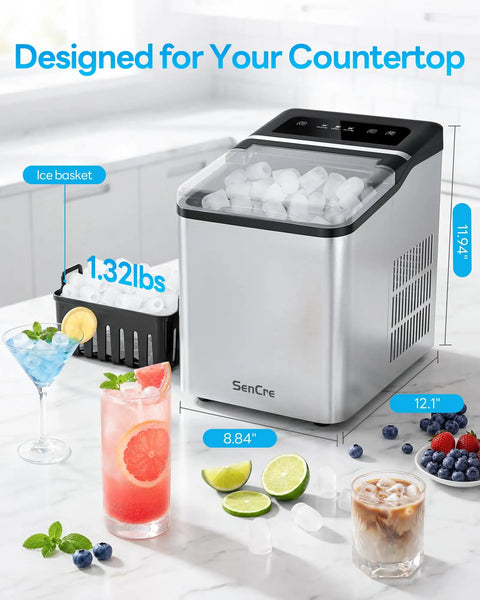 Top Tier Countertop Ice Maker Chilling Drinks On The Fly With Dual Size Bullet Ice Producing Over Twenty Six Pounds Daily Featuring Fast Six Minute Release And No Sweat Self Cleaning Care on kitchen countertop with drinks.