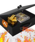 XL Fireproof Document Safe Box With Key Lock, heavy duty portable lock box for home or travel, shown with cash and gold bars inside.