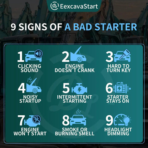 9 signs of a bad starter infographic displaying symptoms including clicking sound and engine won't start.