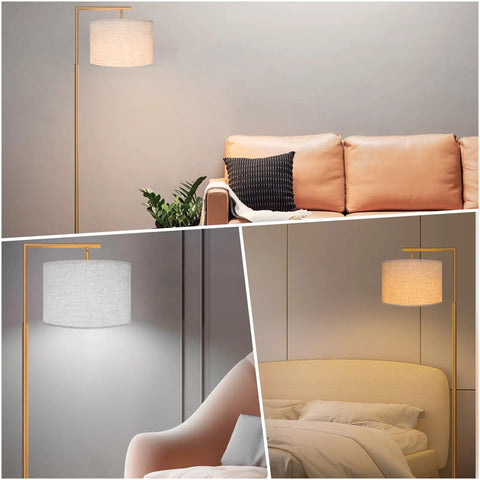 3 Color Temperature Gold Floor Lamp Dope Sleek Mid Century Modern Brass Standing Lamp With Hanging Drum Shade For Living Room Reading Room Bedroom And Office LED Bulb Included in living spaces.