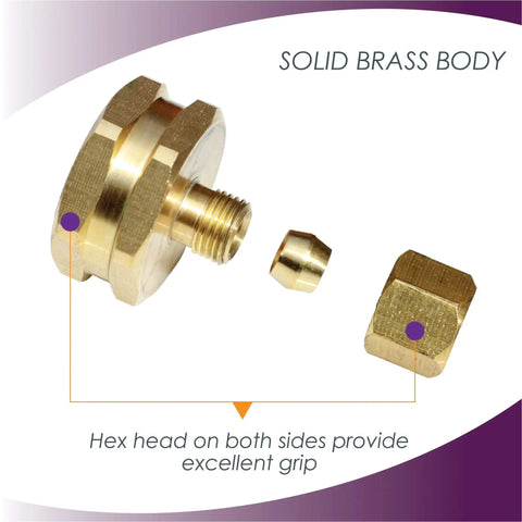 Two Pack Three Quarter Inch To One Quarter Inch Brass Garden Hose Adapter Set Female To Compression Quick Connect Corrosion Resistant Heavy Duty Hex Grip On Both Ends For Easy Installation with solid brass body displayed separately