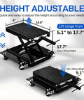 Height adjustable 1100 Lb Motorcycle Scissor Lift Jack With Dolly shown with dimensions and lifting range from 5.1" to 17.7"