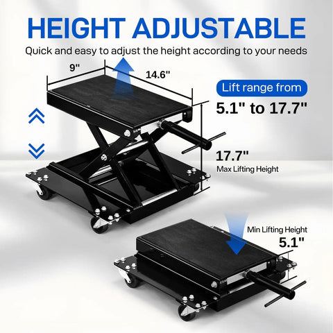 Height adjustable 1100 Lb Motorcycle Scissor Lift Jack With Dolly shown with dimensions and lifting range from 5.1" to 17.7"