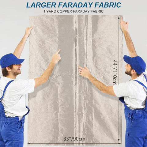 Front view of Shielding Faraday Fabric sheet held by two workers; silver, labeled 33in by 44in.