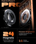 MagSafe Car Mount For iPhone 17 Pro Max With 24 Strong Magnets, shown next to iPhone 17 Pro Max, highlighting precision-engineered design.
