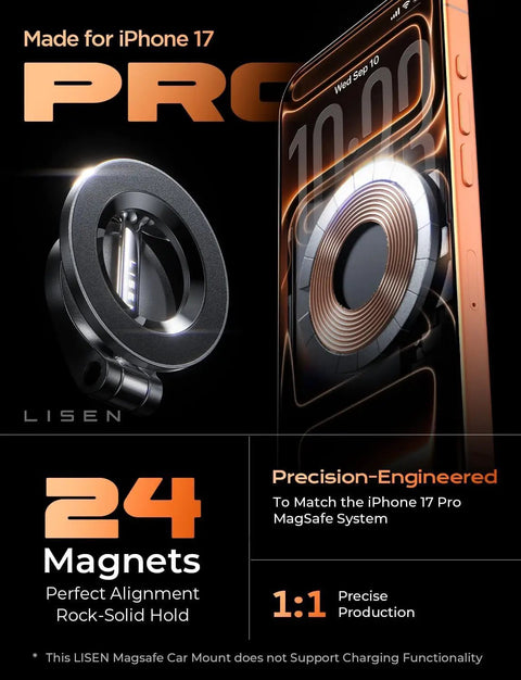 MagSafe Car Mount For iPhone 17 Pro Max With 24 Strong Magnets, shown next to iPhone 17 Pro Max, highlighting precision-engineered design.