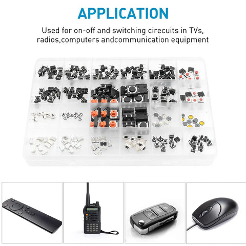 240 Piece Micro Momentary Tactile Push Button Switches Assortment Kit with 24 Value Options in Black for Electronics Projects