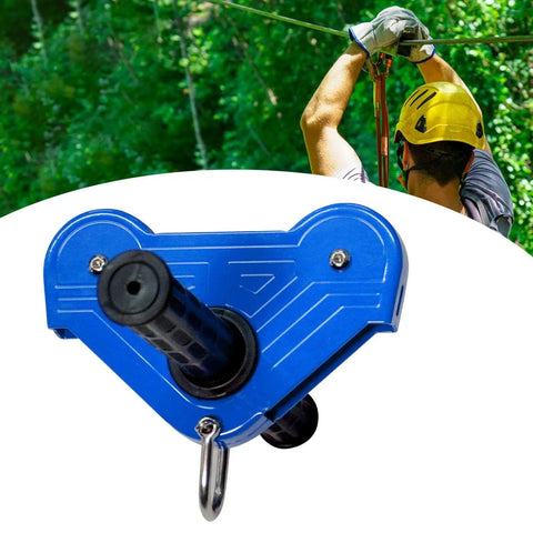Backyard Zip Line Kit For Kids With Easy Install Rope Handle And Outdoor Pulley, sturdy iron kit in blue with kid using zip line