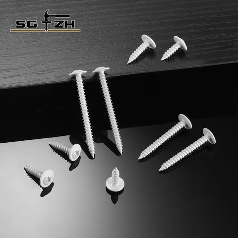 Rock Solid Size 8 By Three Quarter White Wood Screws 212 Piece Box Phillips Truss Head Self Tapping Fasteners on black surface.