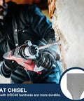 Worker using heavy duty rotary hammer drill with flat chisel bit on concrete wall, showcasing HRC48 hardness for durability.