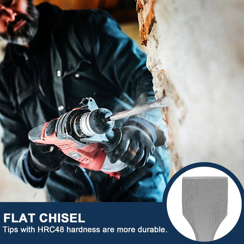 Worker using heavy duty rotary hammer drill with flat chisel bit on concrete wall, showcasing HRC48 hardness for durability.