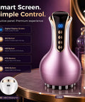 Purple lymphatic drainage massager with digital display, microcurrent light heat, and vibration controls for body sculpting.