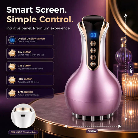 Purple lymphatic drainage massager with digital display, microcurrent light heat, and vibration controls for body sculpting.