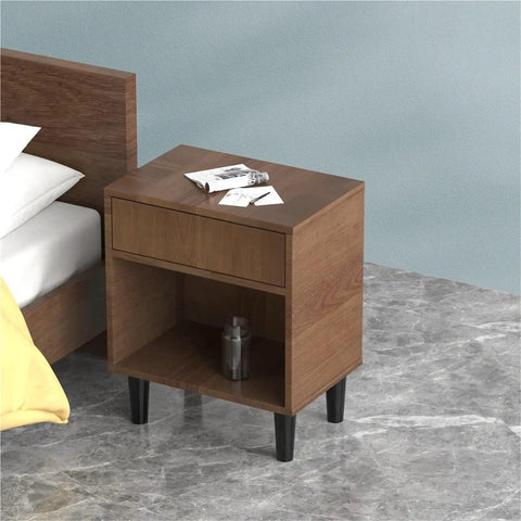 Nightstand with black wooden tapered furniture legs with screw fittings, 4 piece set, adjustable 6 to 20 cm height, solid wood construction