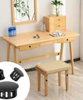 Natural wood desk setup with inset showing 200 Piece Plastic Hole Plug Set With 9 Sizes For Cabinets And Furniture