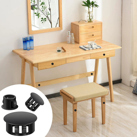 Natural wood desk setup with inset showing 200 Piece Plastic Hole Plug Set With 9 Sizes For Cabinets And Furniture