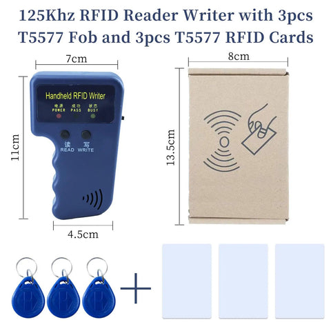 Handheld 125KHz RFID Writer And Duplicator Kit For ID HID AWID Access Control With 3 T5577 Key Fobs And 3 T5577 Cards Easy Copy Card Copier For 125KHz Systems Fast Easy To Use, showing RFID writer, key fobs, and cards.