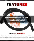 Two Piece Built Tough Brake Booster Vacuum Hose Kit With Clamps 36 Inch EPDM hose showcasing features and working pressure.