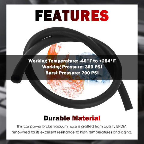 Two Piece Built Tough Brake Booster Vacuum Hose Kit With Clamps 36 Inch EPDM hose showcasing features and working pressure.