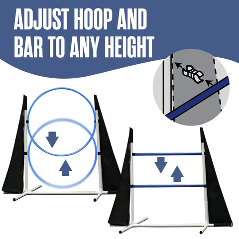 Adjustable hoops and bars in Complete Dog Agility Course Set For Backyard Training And Exercise With Tunnel, Weave Poles, Jumps.