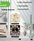 Straight Up Hella Precise Mini Bench Drill Micro Drilling Machine With Adjustable Speed Adapter For Diy Furniture Woodworking Plastics Aluminum And Composite Panels, showcasing drilling materials like wood, aluminum, and plastic.
