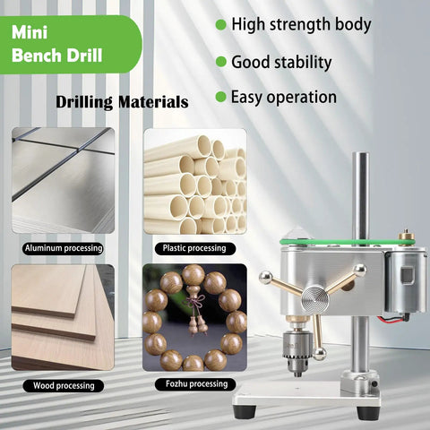 Straight Up Hella Precise Mini Bench Drill Micro Drilling Machine With Adjustable Speed Adapter For Diy Furniture Woodworking Plastics Aluminum And Composite Panels, showcasing drilling materials like wood, aluminum, and plastic.