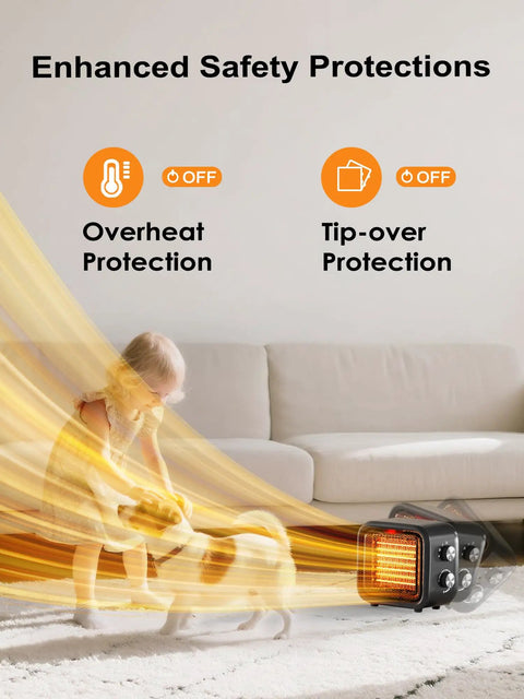 Dope Portable 1500W Desk Space Heater With PTC Ceramic Heating, emitting warmth with enhanced safety beside child and dog indoors.