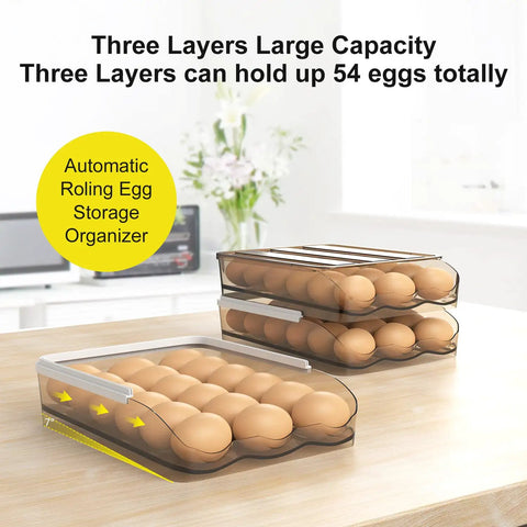Egg Storage Container For Refrigerator That Holds 54 Eggs With Automatic Rolling Tray on kitchen countertop