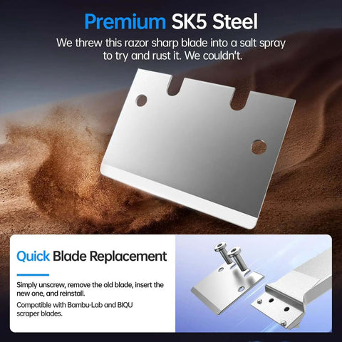 Premium SK5 Steel blade for Panda Edge 3D Printer Scraper, shown with quick blade replacement design and rust-resistant finish.