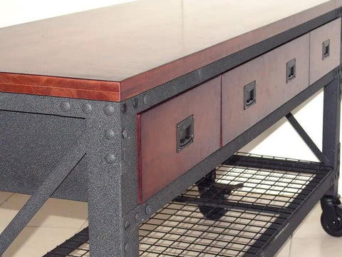 Rolling Workbench With Solid Hardwood Top 72 Inch By 24 Inch Heavy Duty Steel Construction Three Drawer Tool Station