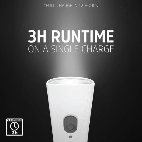 Six Pack Auto On Rechargeable LED Flashlights for Power Outages showing 3-hour runtime on single charge