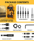 Package contents of 15 Piece Countersink Drill Bit Set With Magnetic Extension Bit Holder And Wood Plug Cutters For Woodworking