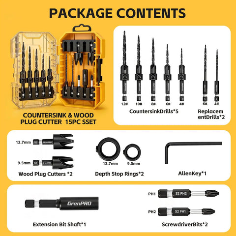 Package contents of 15 Piece Countersink Drill Bit Set With Magnetic Extension Bit Holder And Wood Plug Cutters For Woodworking