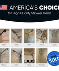 Collage of America's Choice shower heads with 9 Function Shower Head With Built In Power Spray And Water Saving 1.8 GPM On Off Toggle