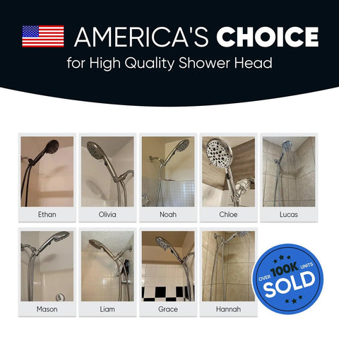 Collage of America's Choice shower heads with 9 Function Shower Head With Built In Power Spray And Water Saving 1.8 GPM On Off Toggle