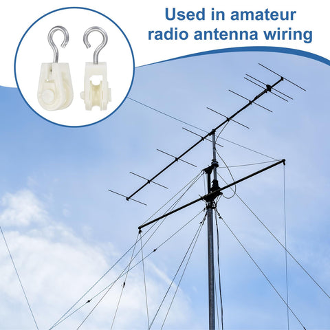 Mini Nylon Pulley Wheel 12 Pack with antenna setup for amateur radio wire loop antennas, 0.39 inch ID, 2.32 inch length