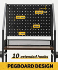 Close-up of pegboard and hooks on Rolling Garage Fishing Rod Organizer Cart with dimensions marked.