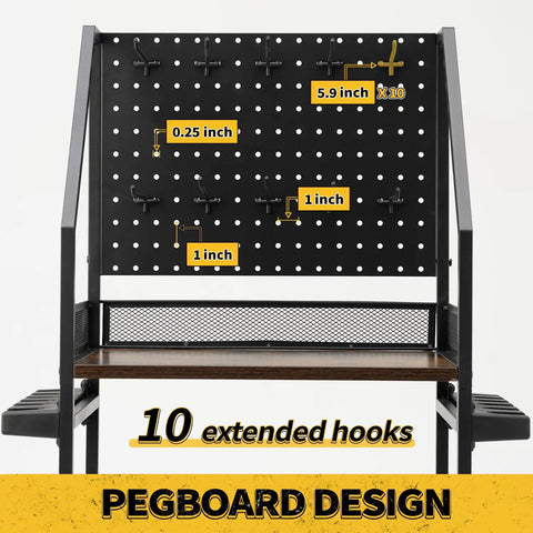 Close-up of pegboard and hooks on Rolling Garage Fishing Rod Organizer Cart with dimensions marked.