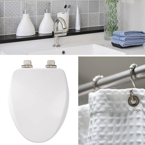 Image showing a Soft Close Toilet Seat With Brushed Nickel Hinges, Round, High Density Enameled Wood, White, in a bathroom setting.
