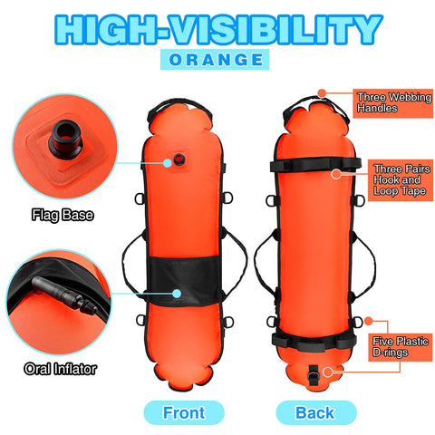 Front and back view of High Visibility Spearfishing Buoy Torpedo Float with dive safety flag base and oral inflator.