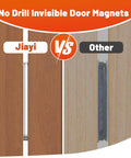 Comparison of Jiayi vs Other no drill invisible door magnets installed on a wooden cabinet door.