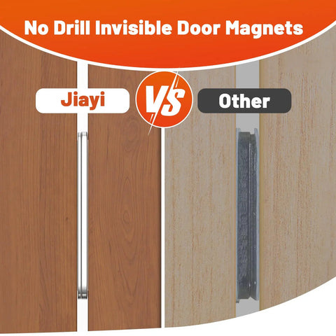 Comparison of Jiayi vs Other no drill invisible door magnets installed on a wooden cabinet door.
