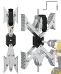 X Shaped RV Wheel Chocks 2 Pack For Trailers And Trucks With Anti Rust Coating Drill Adjustable Option Universal Fit For Tires From 3 To 11 Inches Heavy Duty Wheel Stabilizers, shown in metal with black handles and drill compatibility.
